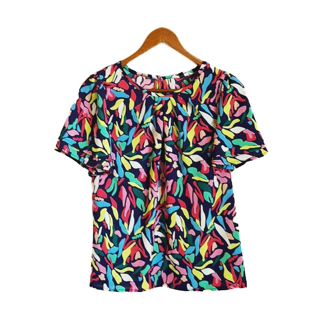 Women's Navy Short Sleeve Top with Multicolor Abstract Print